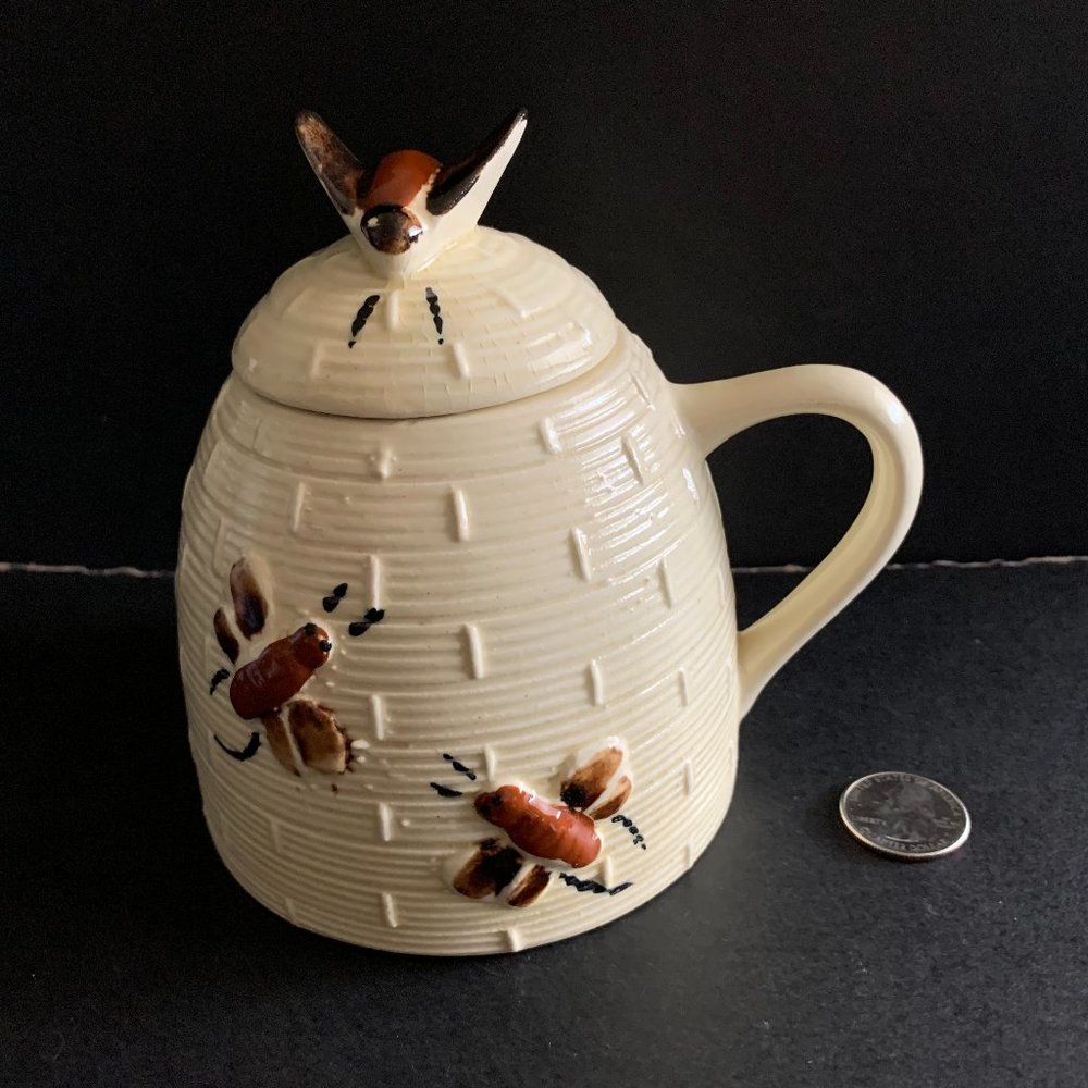 1970's Vintage Beehive Pot w/ Bee Design, Cork, and Lid, Syrup Jug